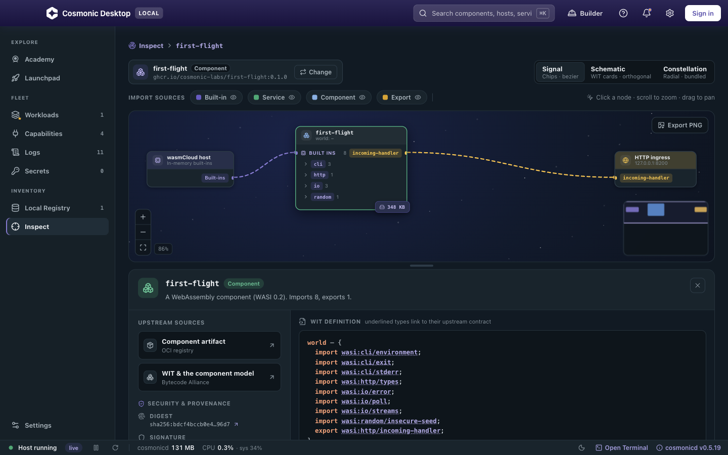 Cosmonic Inspect view showing component capabilities and imported access grants